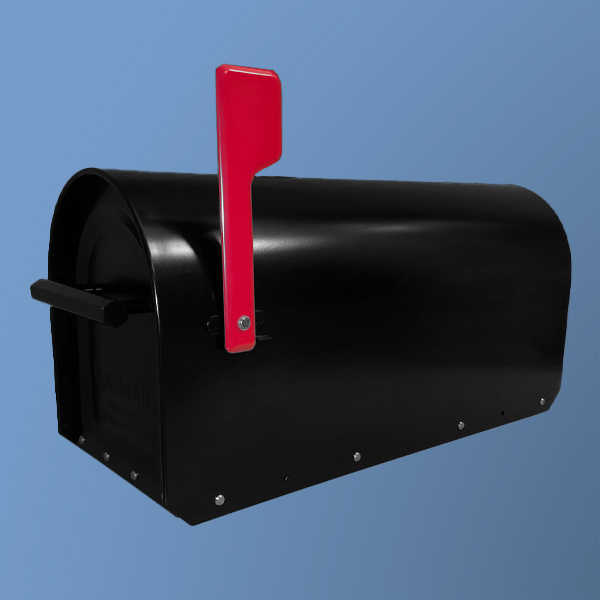 Black Metal Mailbox with red flag on side pushed up sitting in front of blue background